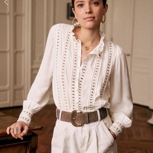 Sezane White Lace-Panel Blouse